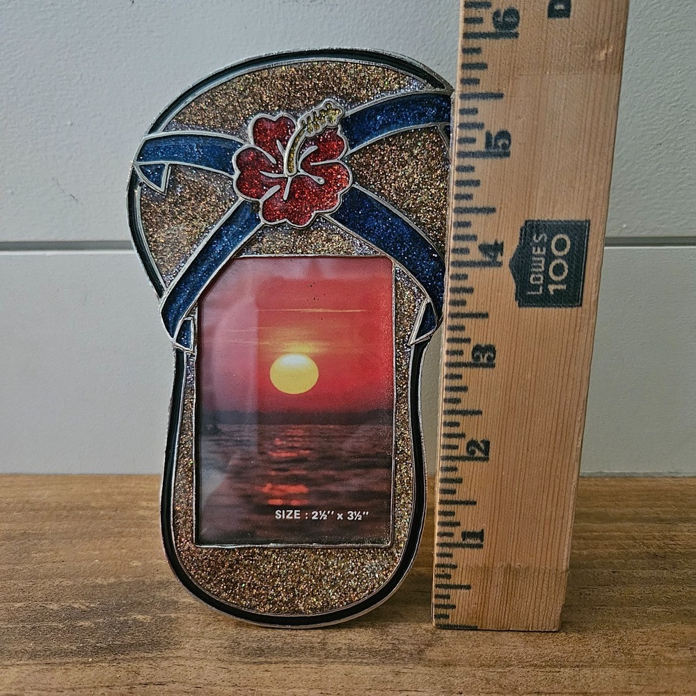 Tropical Flip Flop Photo Frame Glitter Hibiscus Beach Decor 5" Resin - Picture 7 of 8